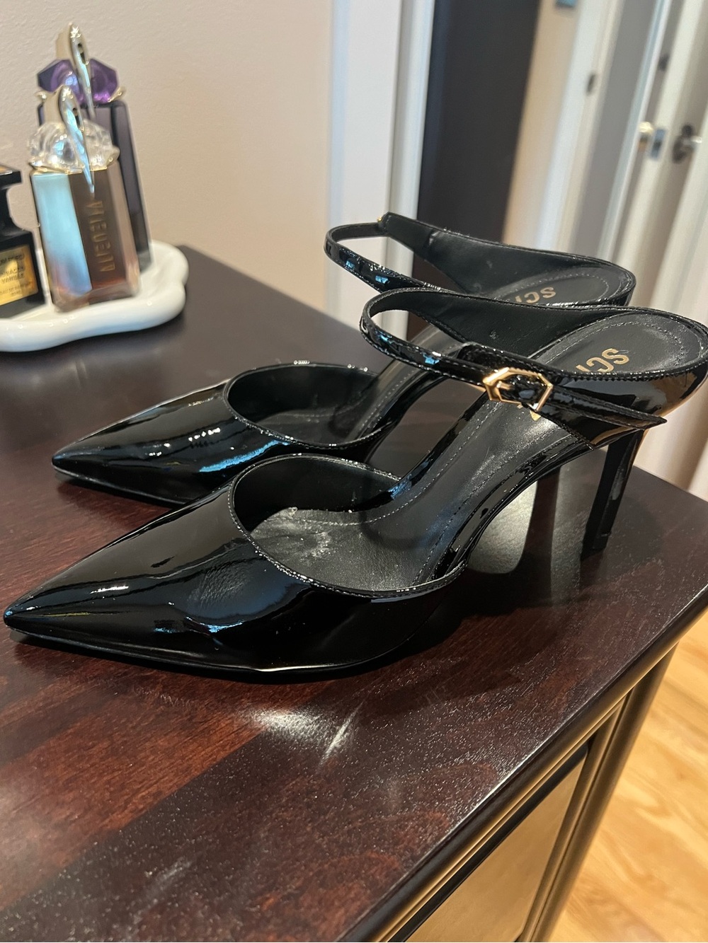 Schutz Laura Black Patent Slingback Mules